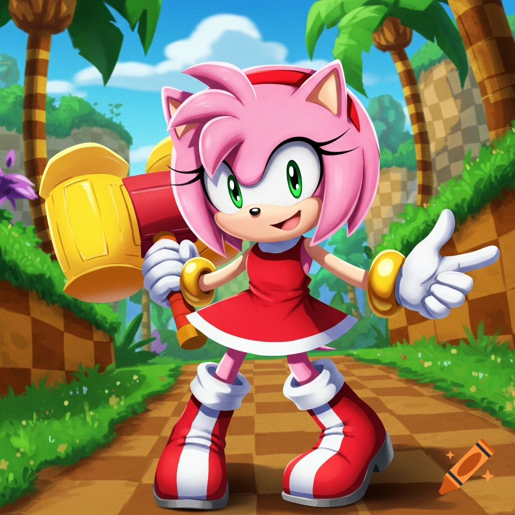 Cartoon Amy Rose holding a hammer and pointing on a checkered path with palm trees.