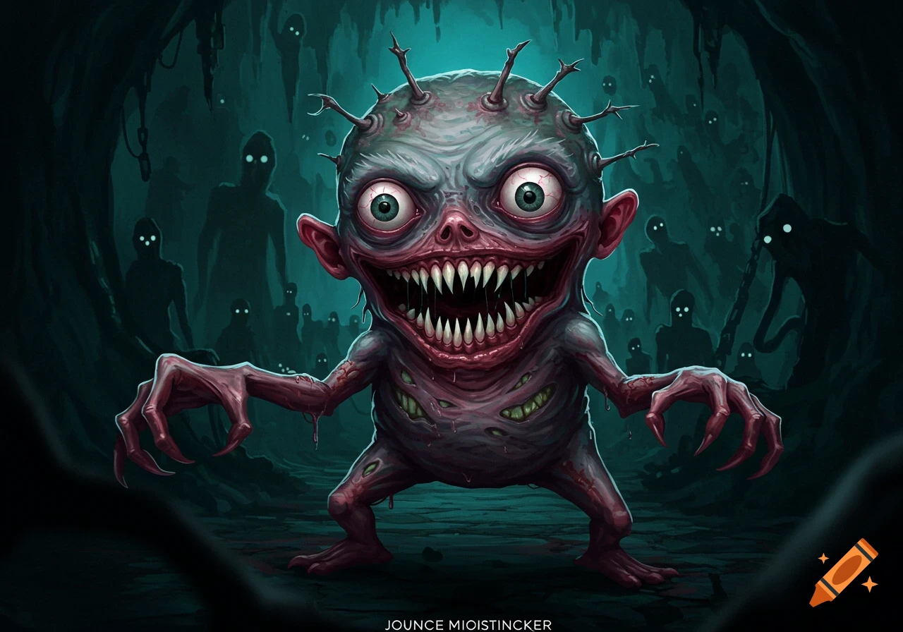 A grotesque, toothy monster with bulging eyes and spiky head in a dark, eerie cave, surrounded by shadowy figures.