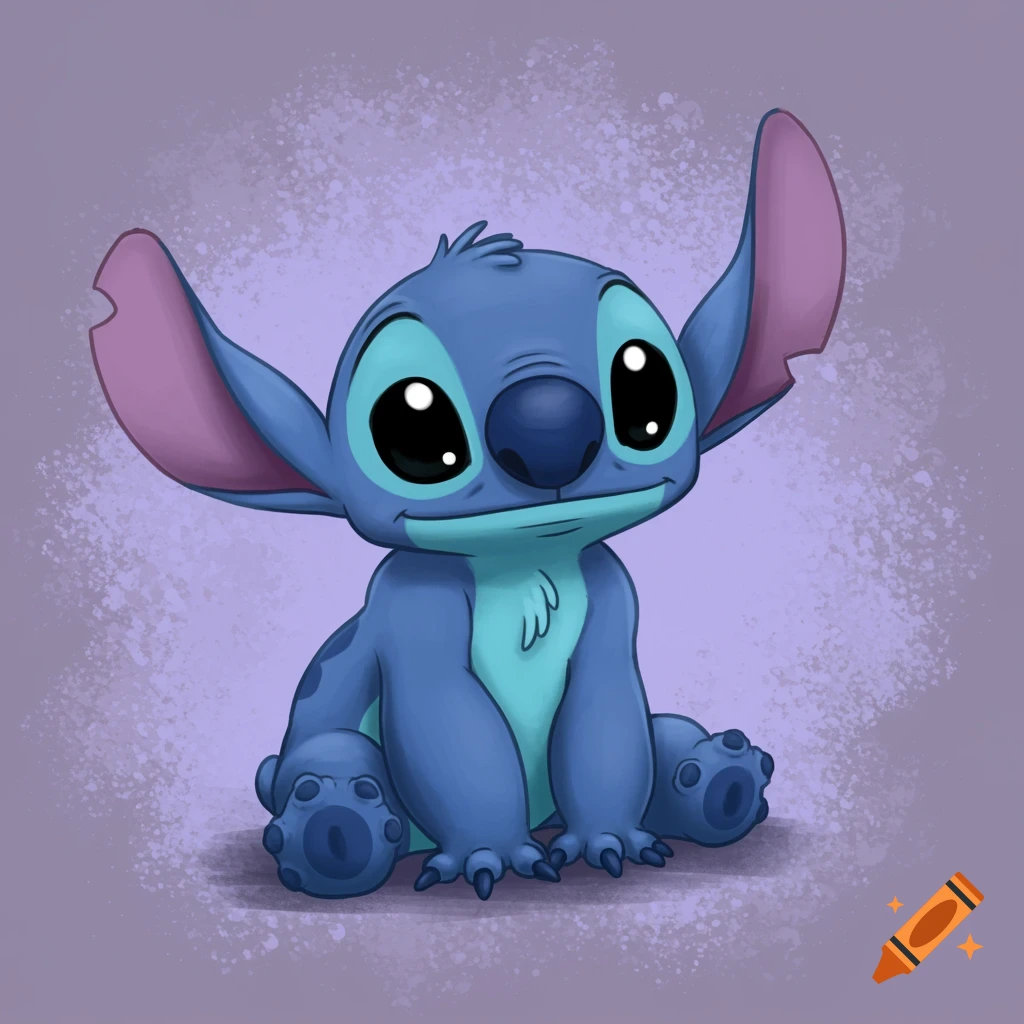 A cute blue alien character inspired by Stitch, with large ears and big eyes, sitting against a textured purple background.
