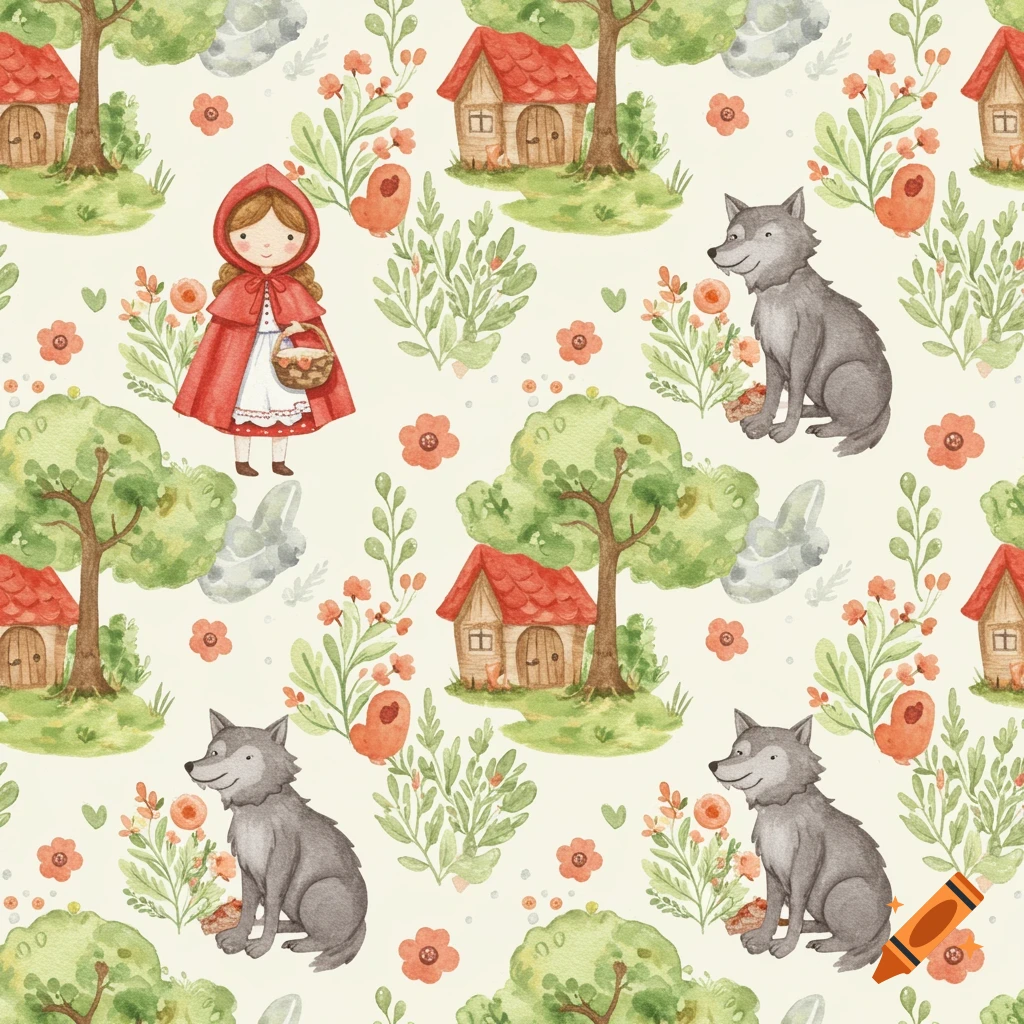 A whimsical watercolor seamless pattern depicting Little Red Riding Hood, friendly wolves, and storybook houses among trees and flowers.