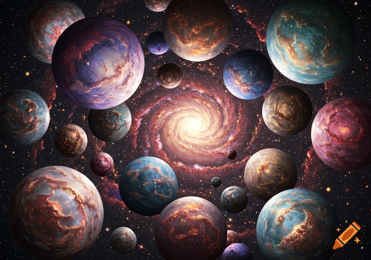 A vibrant image featuring dozens of colorful planets and universes floating around a bright, swirling spiral galaxy in deep space.