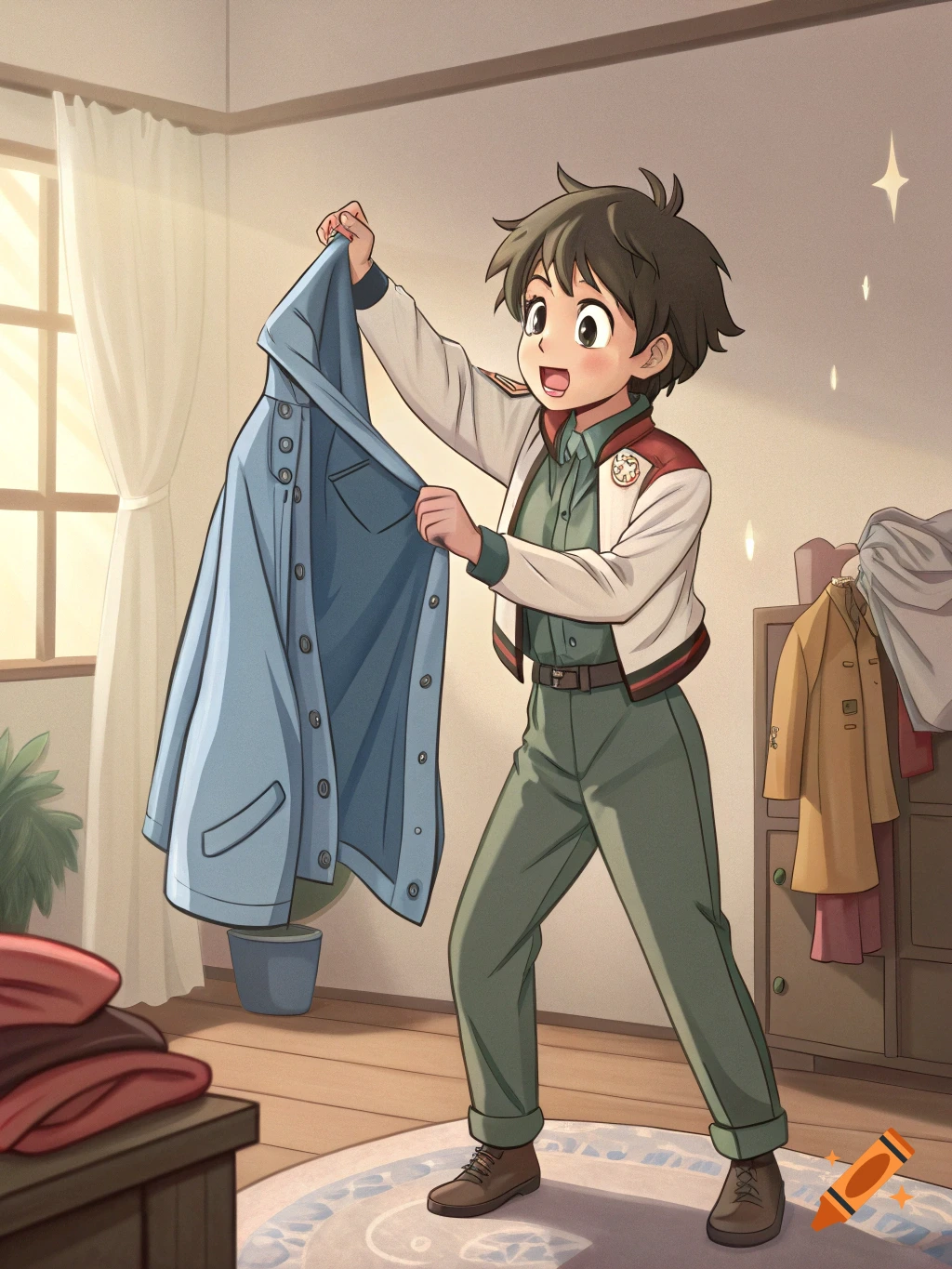 An anime character holds up a blue shirt in a sunlit bedroom, appearing to get dressed.