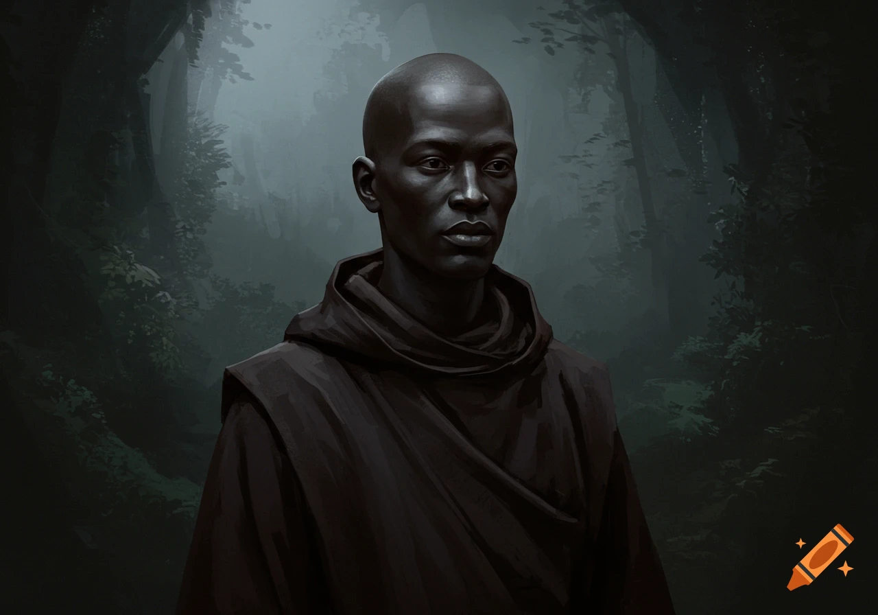 A bald man in dark robes stands in a mystical, shadowy forest.