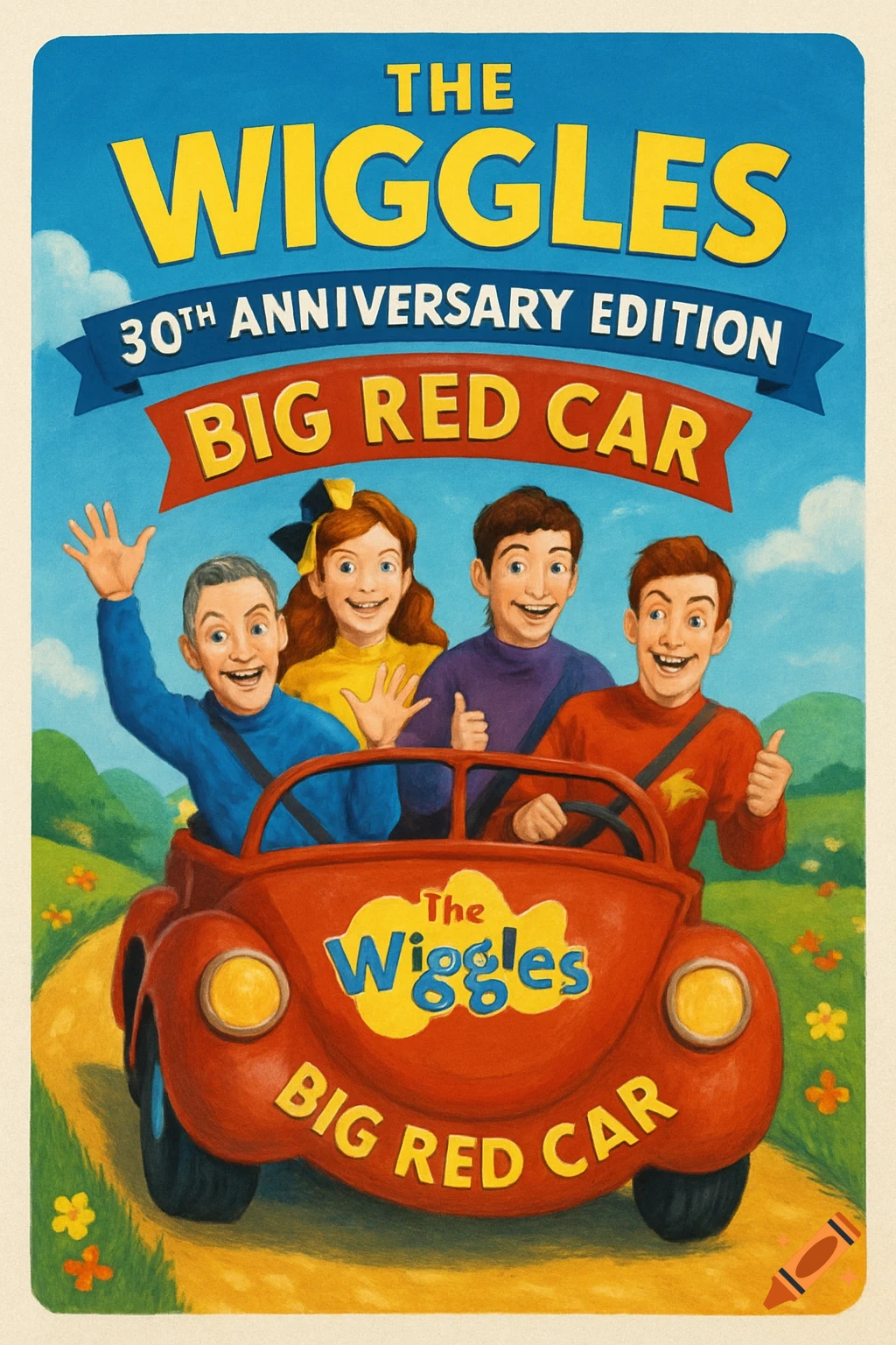 Four smiling Wiggles characters in their red car on a DVD cover for 'The Wiggles Big Red Car: 30th Anniversary Edition'.
