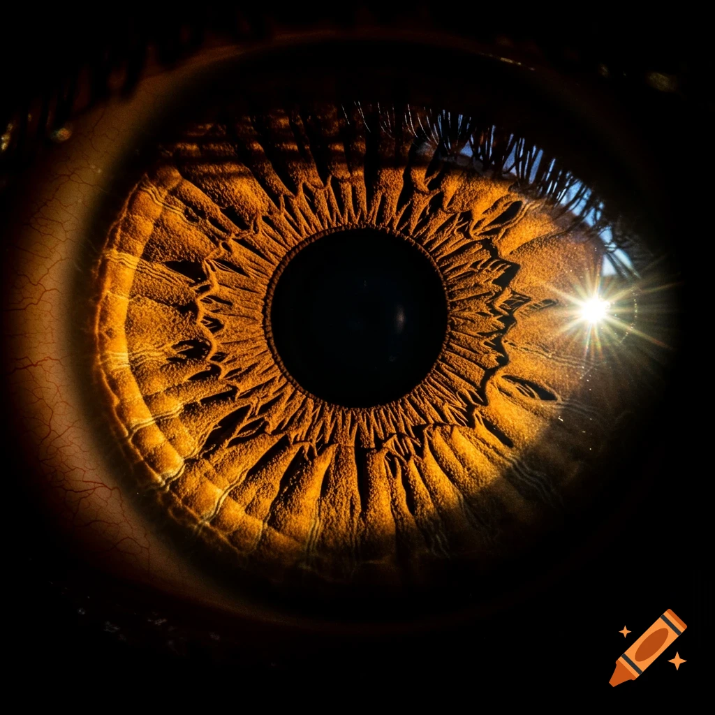 Highly detailed, photorealistic close-up of a brown human iris with golden light reflection and a starburst flare on a dark background.