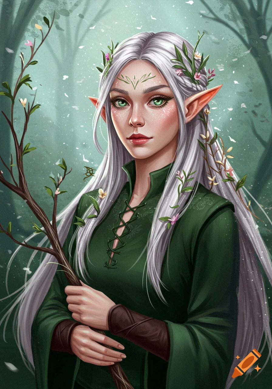 Digital painting of an elf woman with silver hair, green eyes, wearing a green tunic, holding a leafy branch.