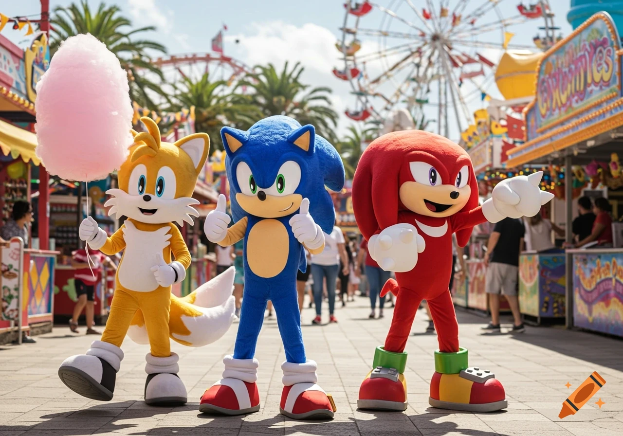 Photorealistic mascots of Sonic, Tails, and Knuckles pose at a bright theme park with rides and a person holding cotton candy.