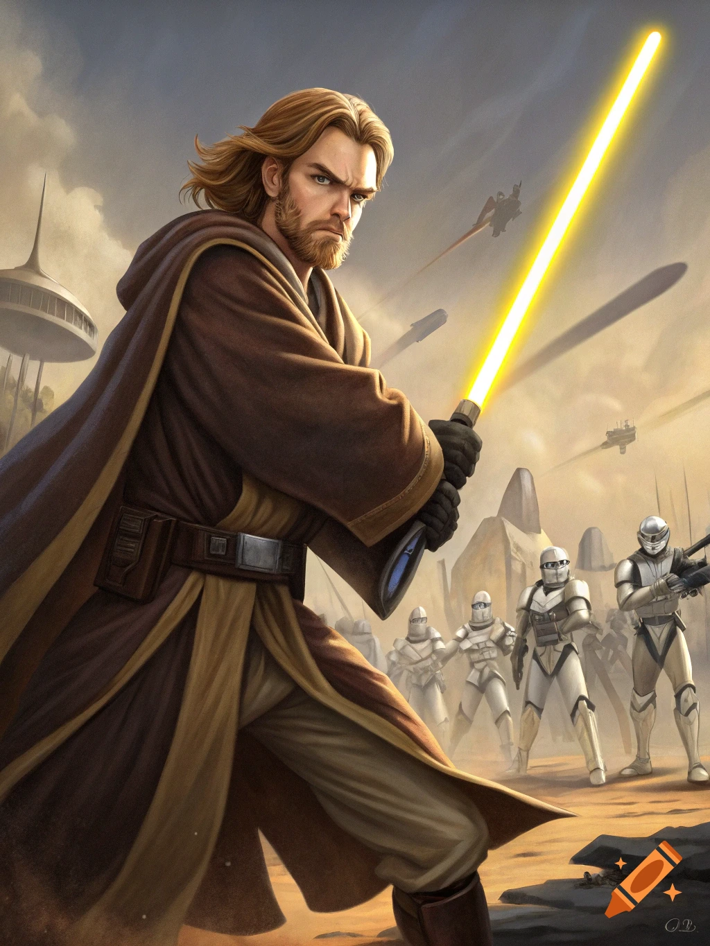 A heroic Jedi wields a yellow lightsaber against armored troopers on a desert planet with sci-fi structures, digital painting.