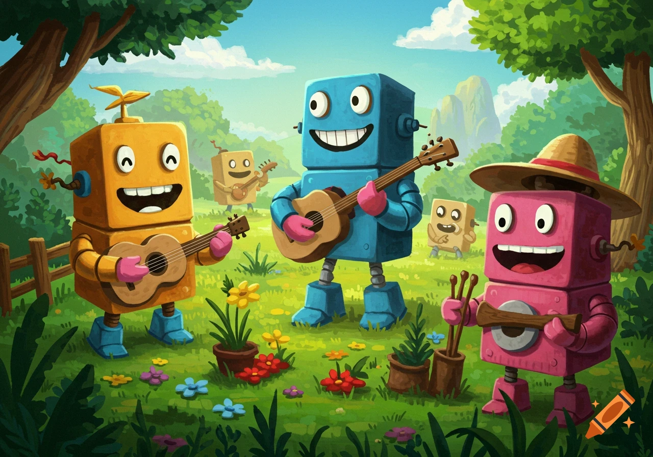Happy cartoon robots playing guitars and other instruments in a vibrant green field with trees and flowers under a blue sky.