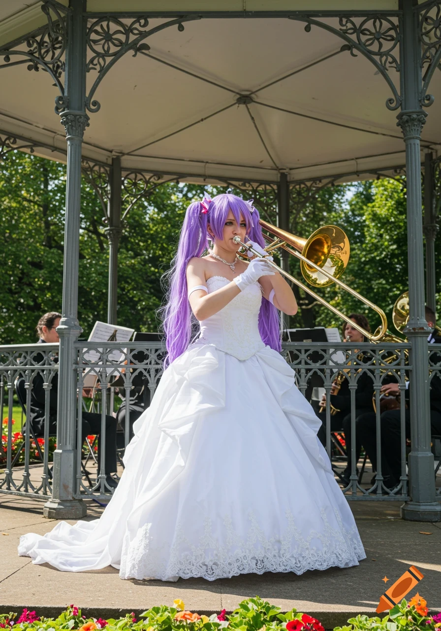 A young woman in a white wedding-style dress and purple twintails plays a trombone in a park bandstand.