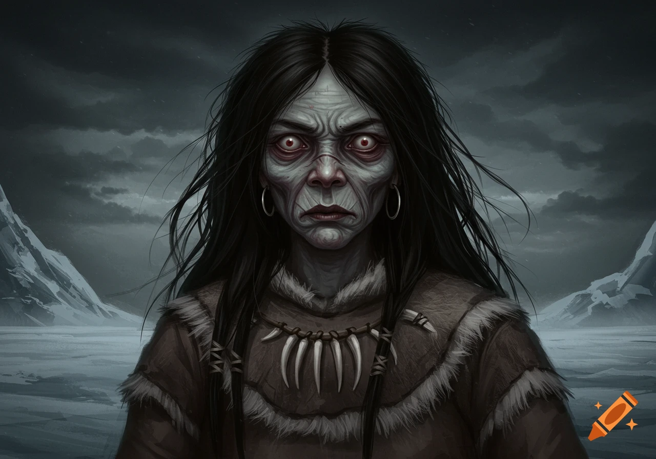 A scary woman with wrinkled grey skin, red eyes, and long black hair in a fur-lined coat and tooth necklace against an icy landscape, digital painting.