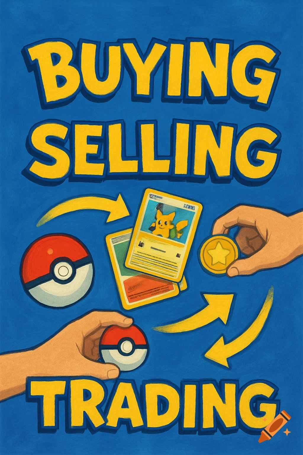 Illustrated poster with 'BUYING SELLING TRADING' text, featuring a Pokeball, Pokemon cards including Pikachu, and hands on a blue background.