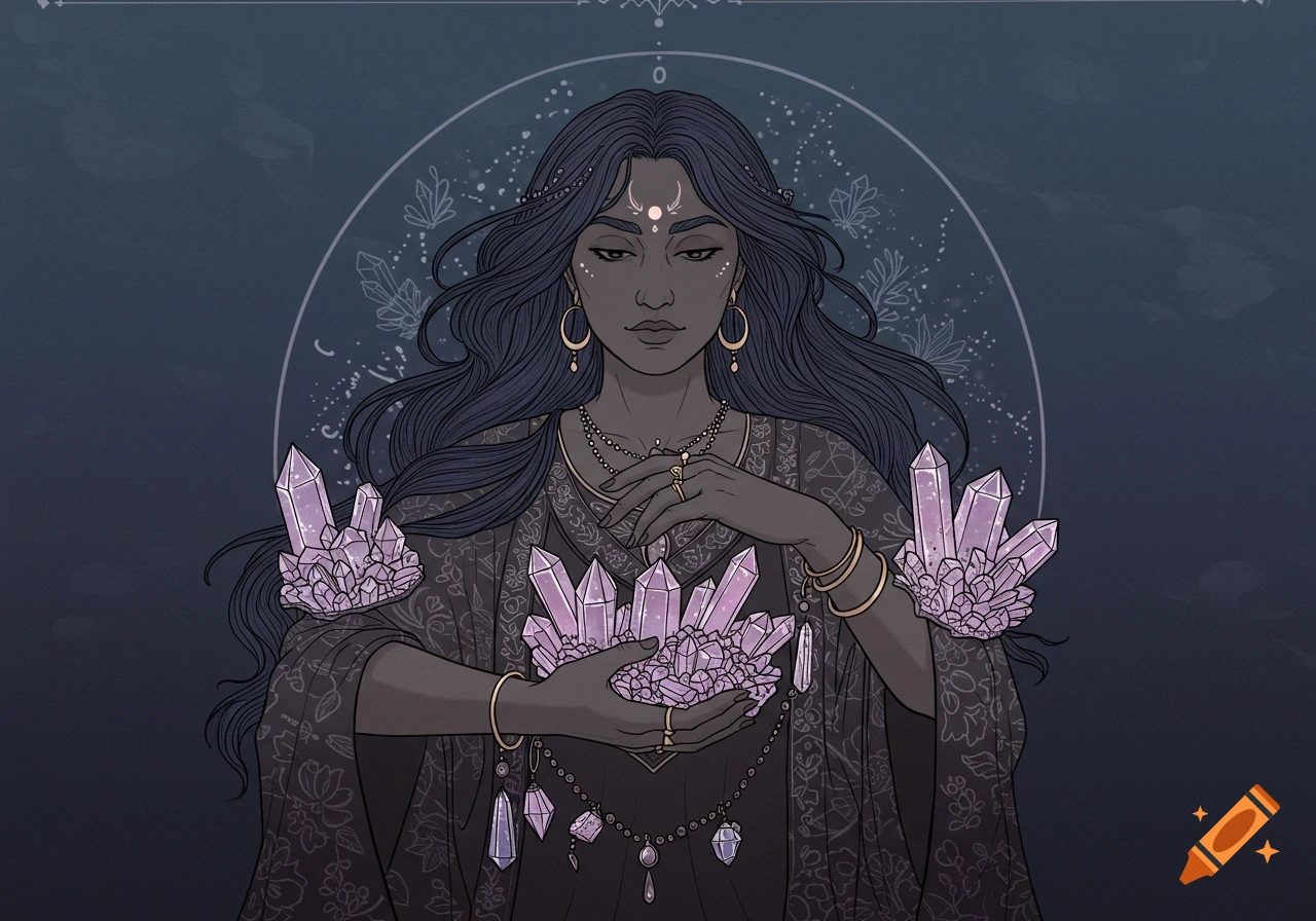 Line art portrait of a witch with dark hair and a crescent moon on her forehead, holding glowing purple crystals.