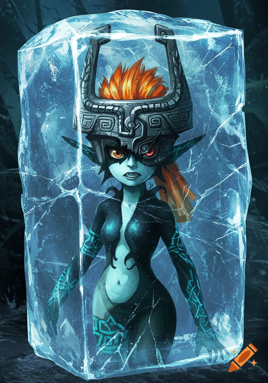 Twili Midna, a character from Hyrule Warriors, frozen inside a large block of ice, looking angry with glowing eyes.