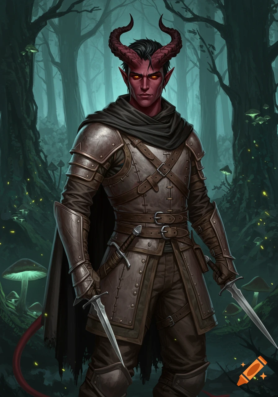 A male tiefling with red skin, black hair, and large horns, wearing leather armor and a dark cloak, holding two daggers in a mystical forest with glowing mushrooms.