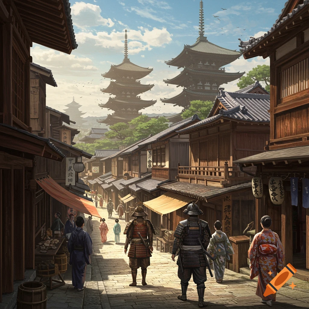 A detailed illustration of a bustling traditional Japanese street with wooden buildings, people in historical attire, and pagodas in the background.