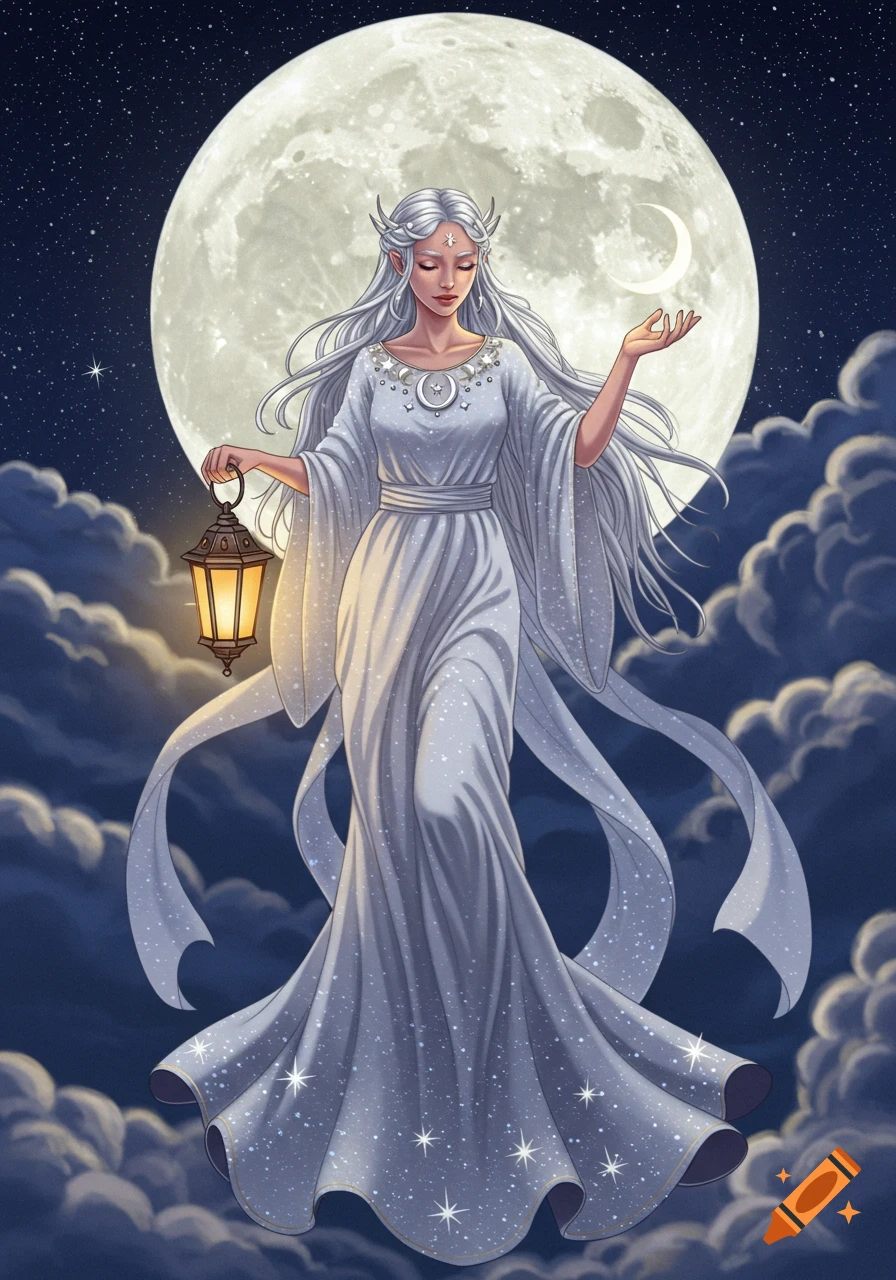 A serene Selene, Greek moon goddess, with long silver hair in a sparkling white gown, floats among clouds under a full moon, holding a glowing lantern and a crescent moon.