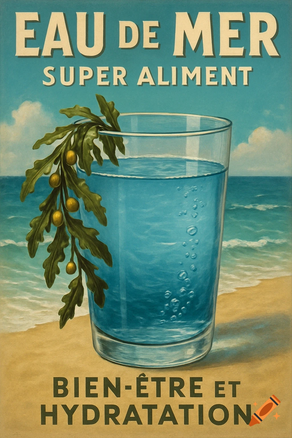 A vintage-style poster of a glass of sea water with seaweed on a beach, promoting it as a superfood for well-being.