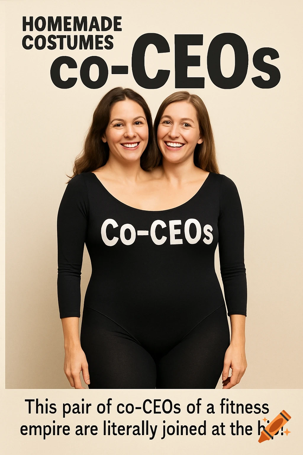 A magazine cover featuring two women in a black 'Co-CEOs' bodysuit, appearing joined, under the title 'Homemade Costumes Co-CEOs'.