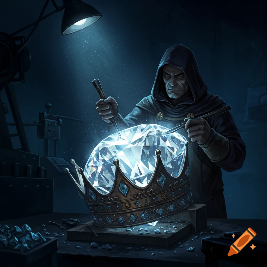 A dramatic illustration of a cloaked figure meticulously carving a giant, sparkling diamond into a crown under a spotlight.