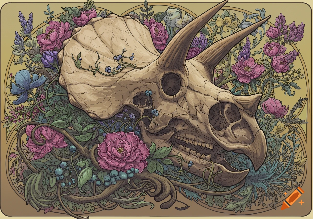 A side view of a triceratops skull entangled in Art Nouveau style foliage with purple and pink flowers.