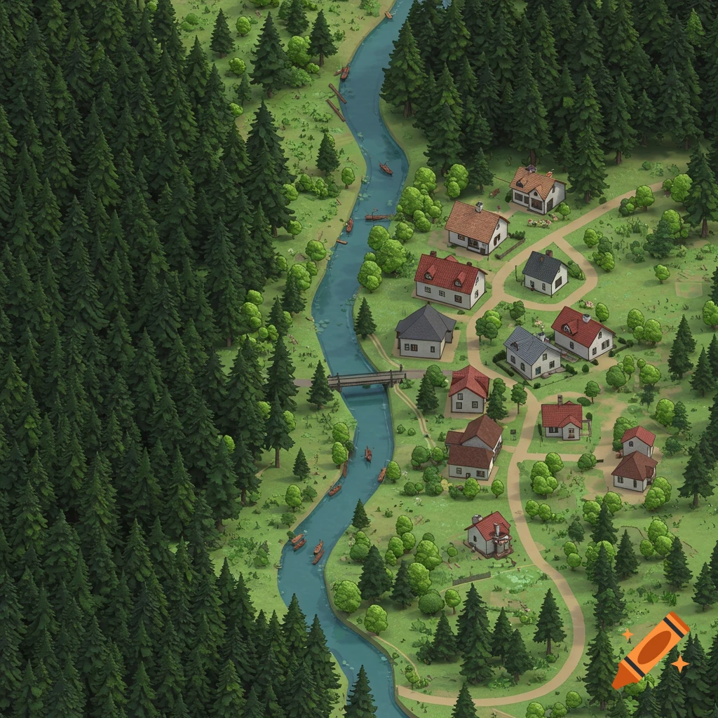 An isometric illustration of a small forest town with houses scattered among pine trees and a narrow creek winding through it.