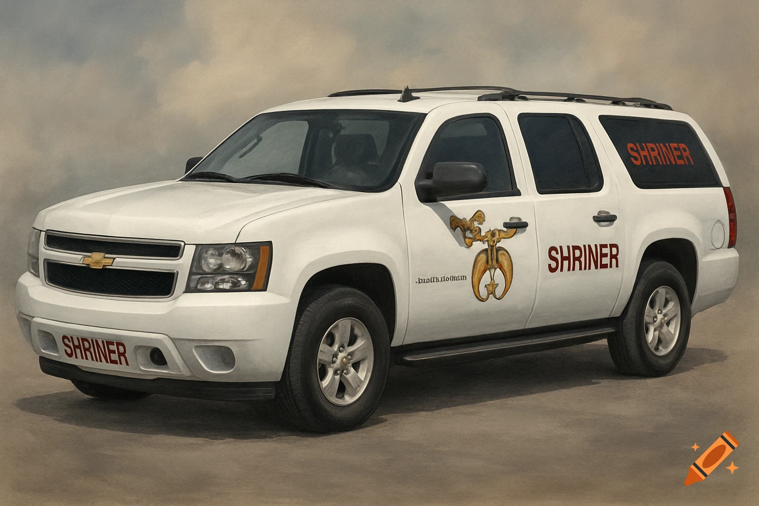 A white 2012 Chevrolet Suburban SUV with "SHRINER" decals on the front bumper, side door, and rear window, along with a Shriner emblem on the side door.