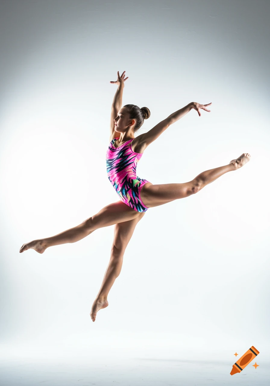 A young female gymnast in a pink and black leotard mid-jump on a white background.