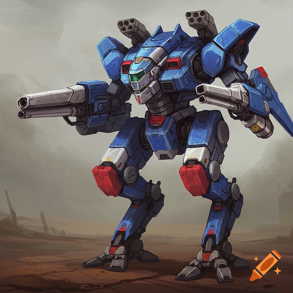 A blue and gray battlemech with shoulder-mounted missile pods and arm cannons stands on a barren, reddish-brown landscape, in a concept art style.