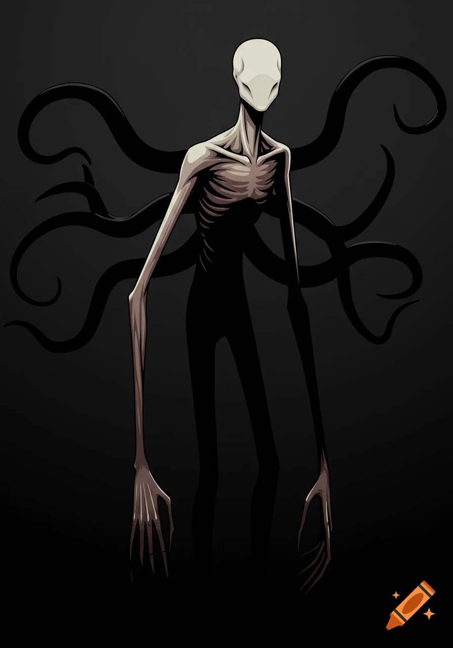 A tall, slender, pale-faced figure with black tentacles emerging from its back stands in darkness. It has a gaunt body with visible ribs and long arms.