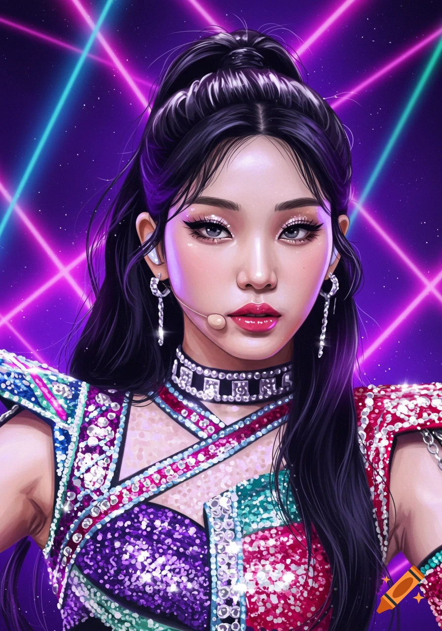 Stylized portrait of a K-pop star with black hair in a ponytail, wearing a sparkly costume against a neon purple background.