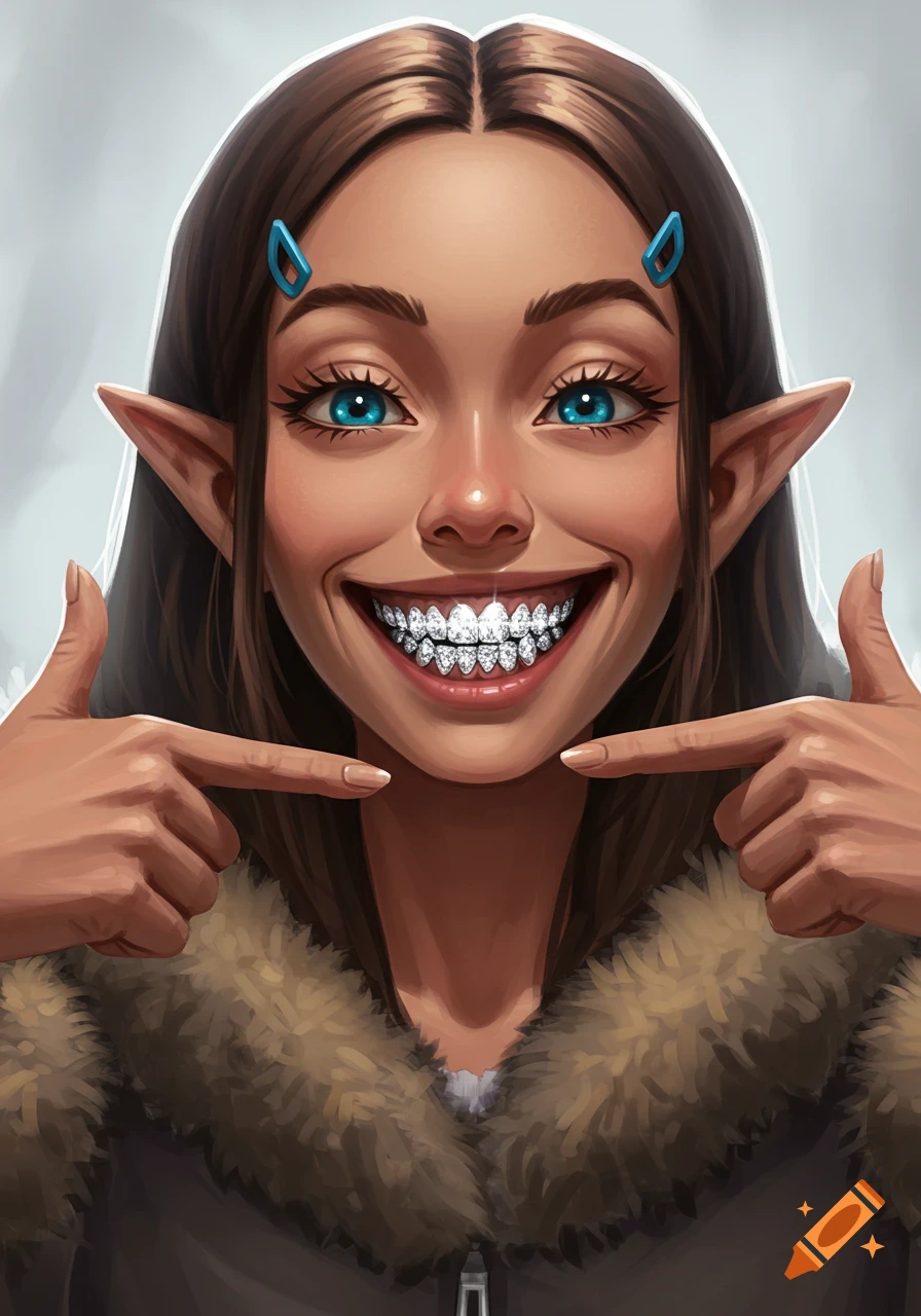 A smiling elf-like character with long brown hair, blue eyes, and large ears shows off diamond-studded grills while pointing to her mouth. She wears a fur-lined hoodie.