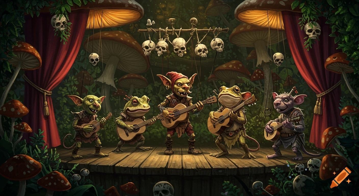 Fantasy puppet show with goblins, toads, and rats playing instruments on a stage adorned with mushrooms and skulls.
