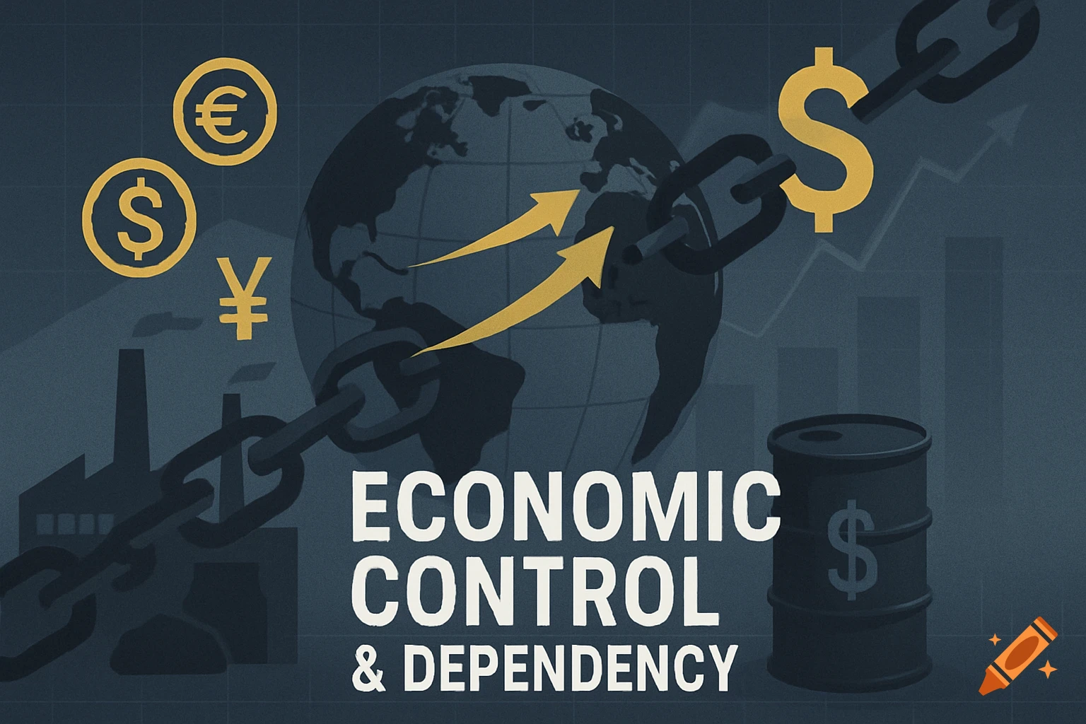 Stylized illustration of global economic control and dependency with currency symbols, chains, and a globe.