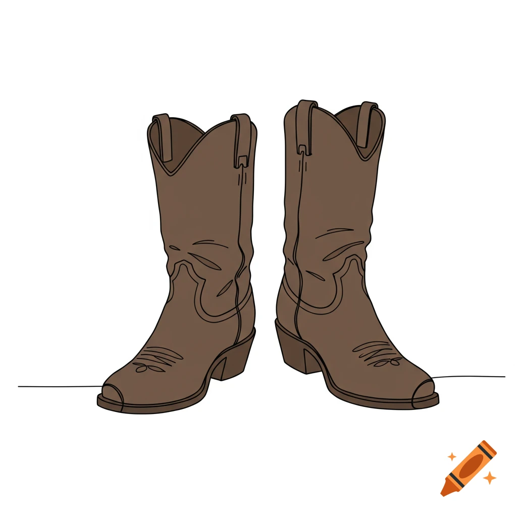 A pair of simple brown cowboy boots in a line art style on a white background.