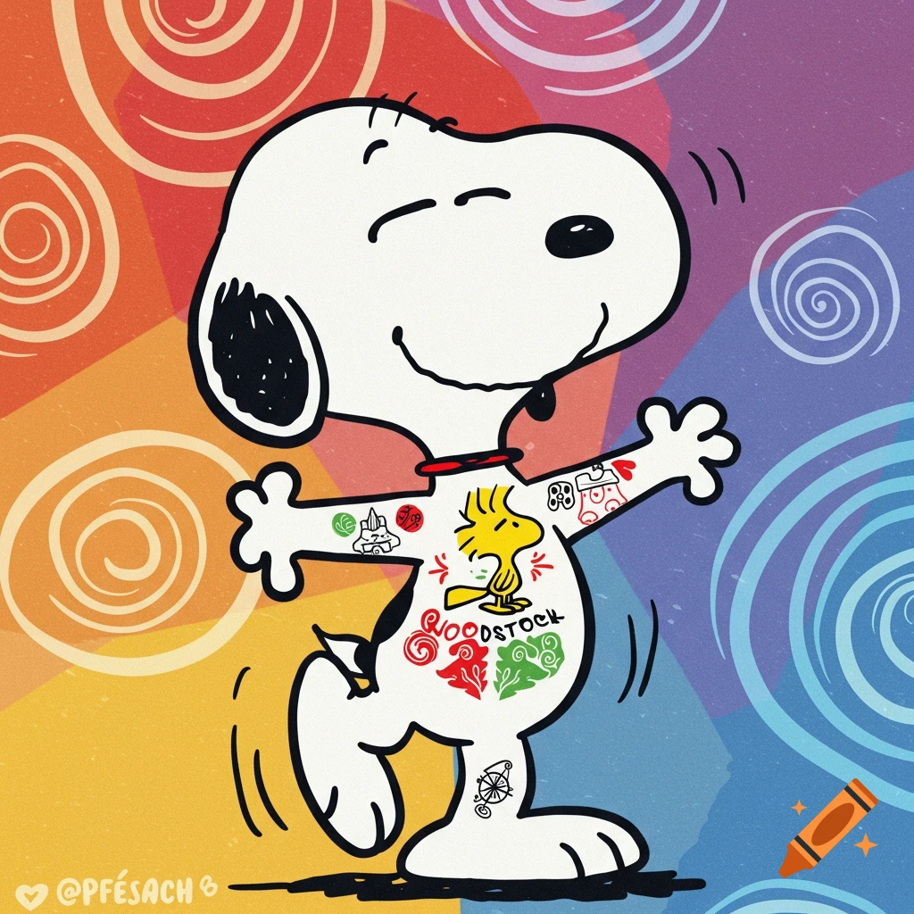 Snoopy with a Woodstock tattoo dancing on a vibrant rainbow background with swirling patterns.