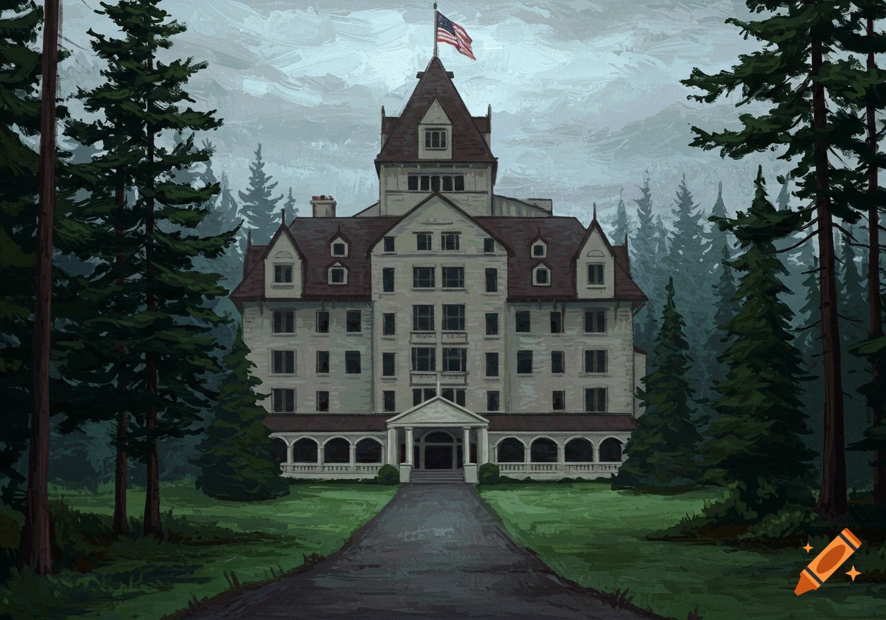 An old, white hotel with a dark roof and an American flag stands at the end of a muddy path, surrounded by tall pine trees under a cloudy sky in a painterly style.