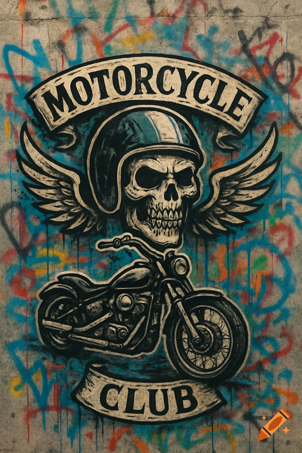 A stylized graffiti illustration featuring a skull in a helmet with wings, a motorcycle, and banners reading 'MOTORCYCLE CLUB' against a colorful spray-painted wall.