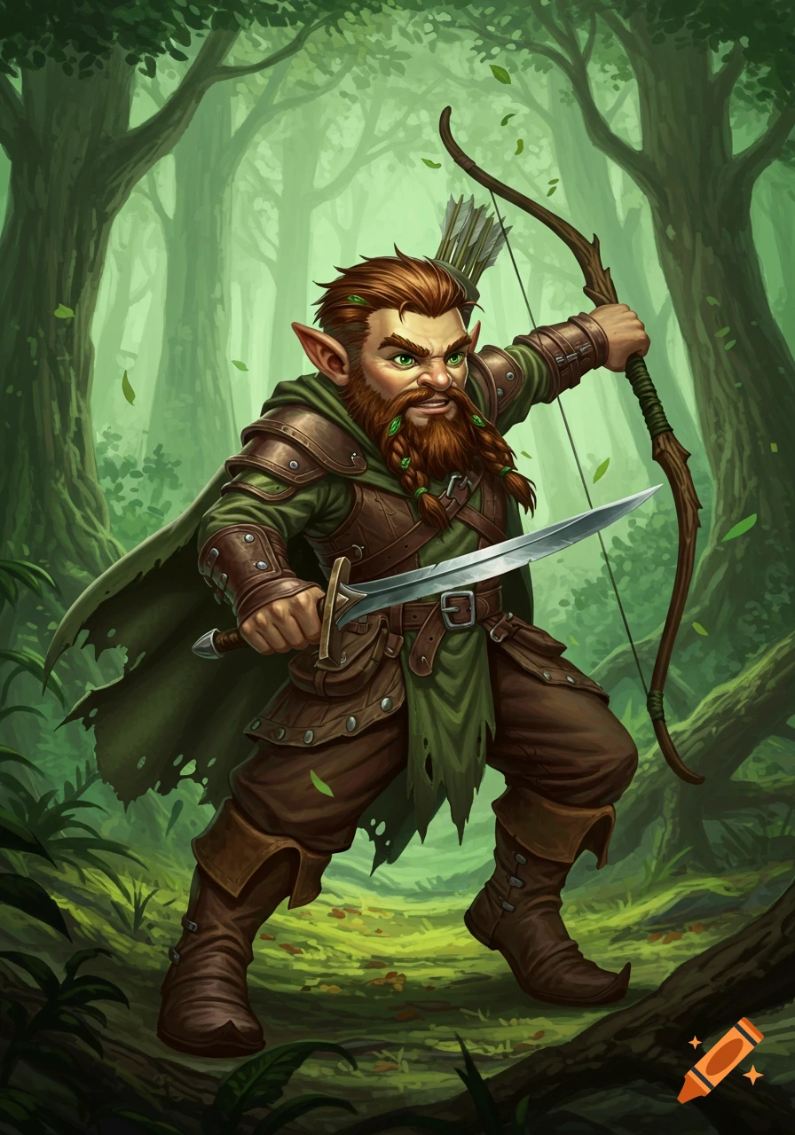 A determined forest gnome ranger with a red beard, wielding a sword and bow in a vibrant green forest.