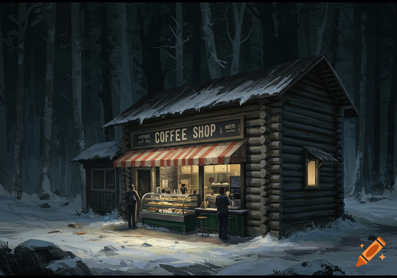 A log cabin coffee shop with a red and white striped awning and glowing windows, surrounded by snow and dark trees, in an illustrative style.