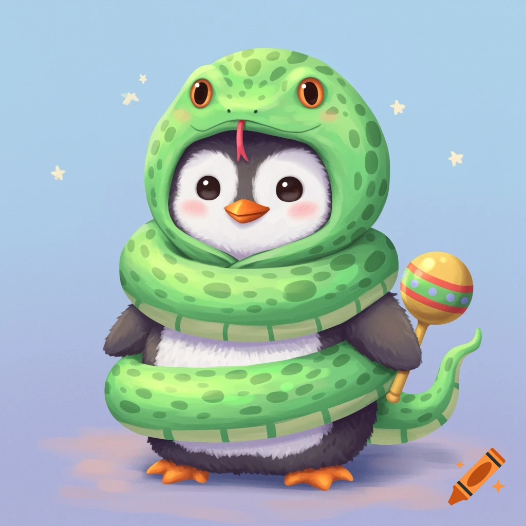 A cute cartoon penguin wears a green snake costume with a hood and holds a yellow maraca against a light blue background with stars.