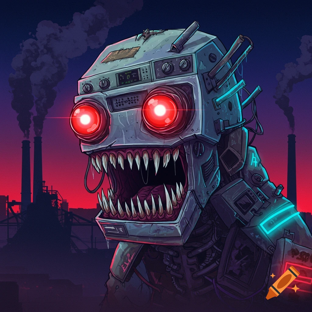 A monstrous robot with glowing red eyes and sharp teeth stands against a red and purple industrial background with smoking chimneys. It has a stylized, gritty aesthetic.