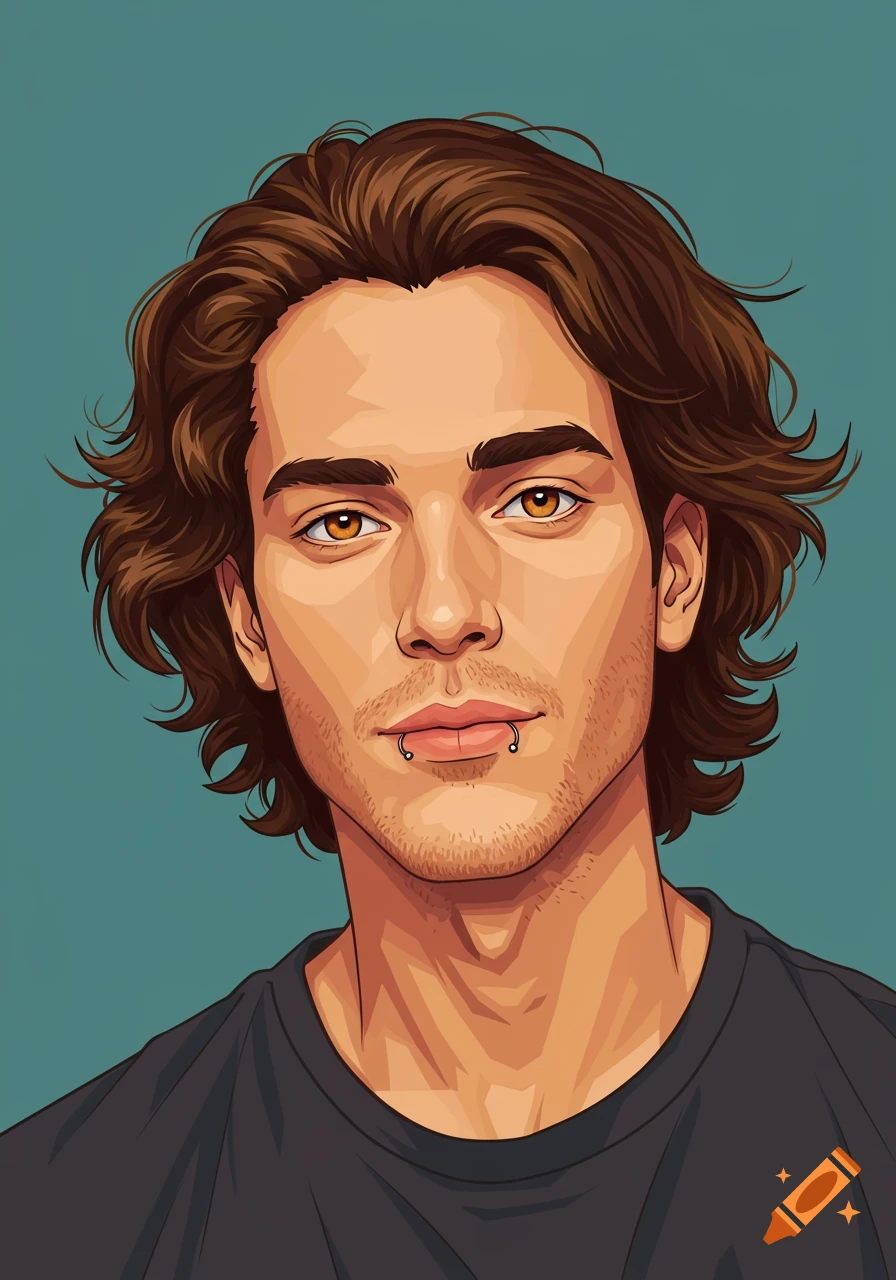 A vector illustration of a man with brown wavy hair, amber eyes, and a bottom lip piercing.