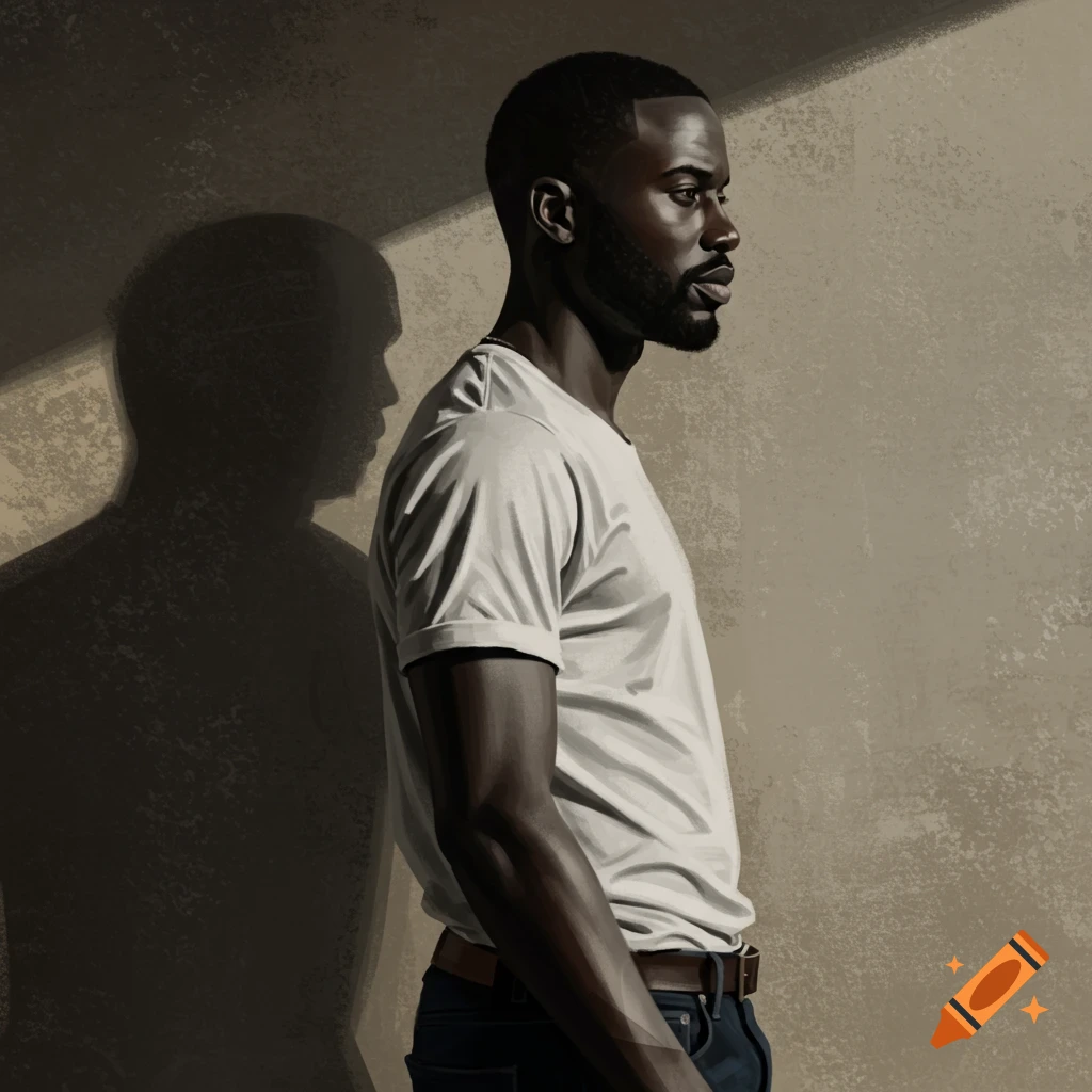Digital painting of a man in profile, wearing a white t-shirt and jeans, standing against a textured wall with a strong shadow behind him.