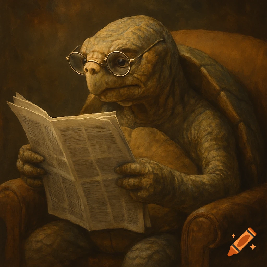 An old tortoise wearing glasses sits in an armchair, intently reading a newspaper.
