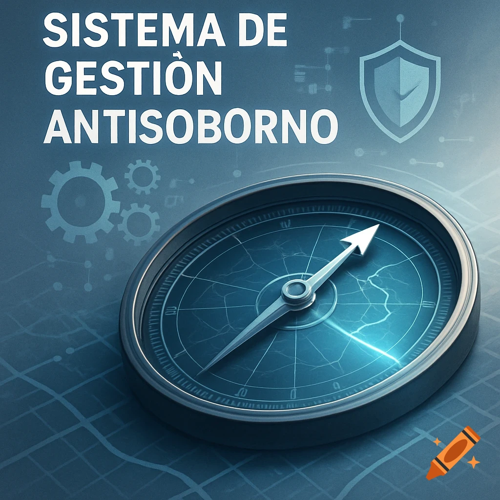 A conceptual corporate image with a compass, gears, shield, and 'SISTEMA DE GESTI ÓN ANTISOBORNO' text.