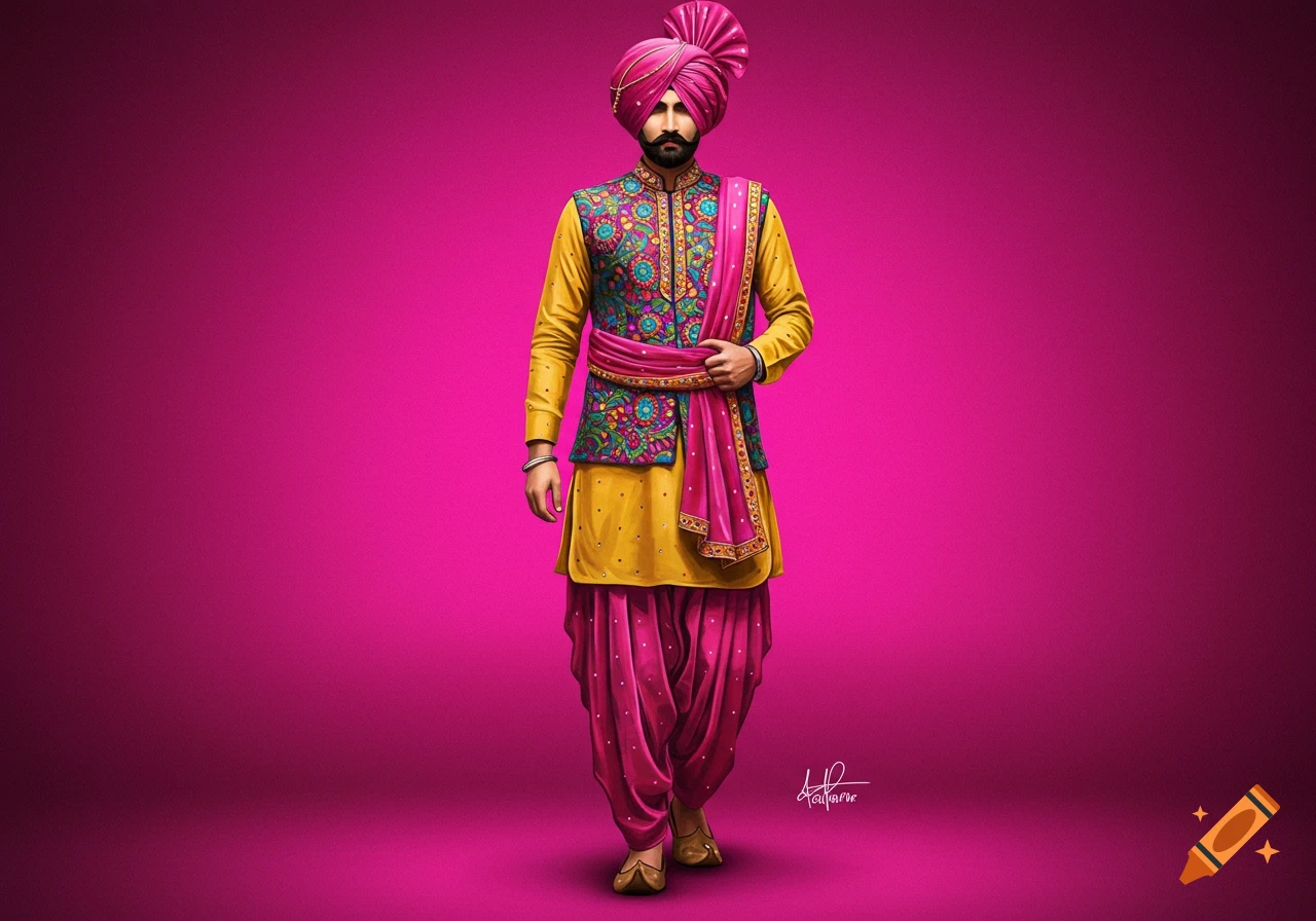 Man in colorful traditional Punjabi attire against a vibrant magenta background.