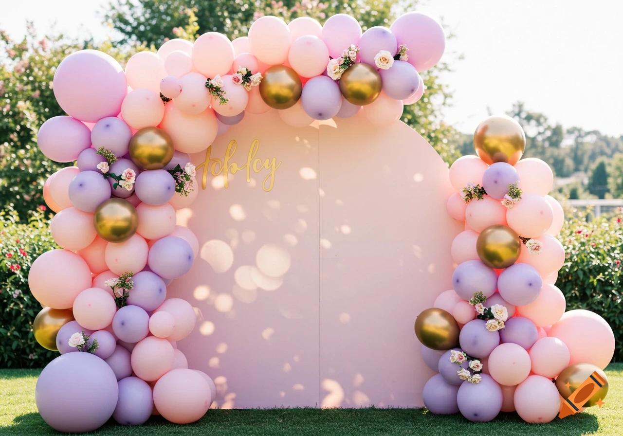 Photorealistic outdoor party backdrop with a balloon arch in pink, lavender, and gold, decorated with flowers and the name 'Topley'.