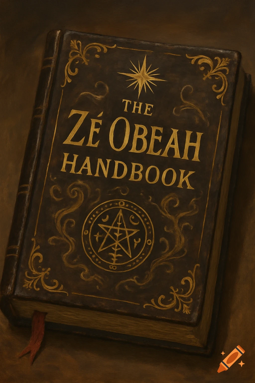 A dark brown leather-bound book titled 'THE ZÉ OBEAH HANDBOOK' in gold lettering, with intricate gold mystical symbols and a red ribbon bookmark.