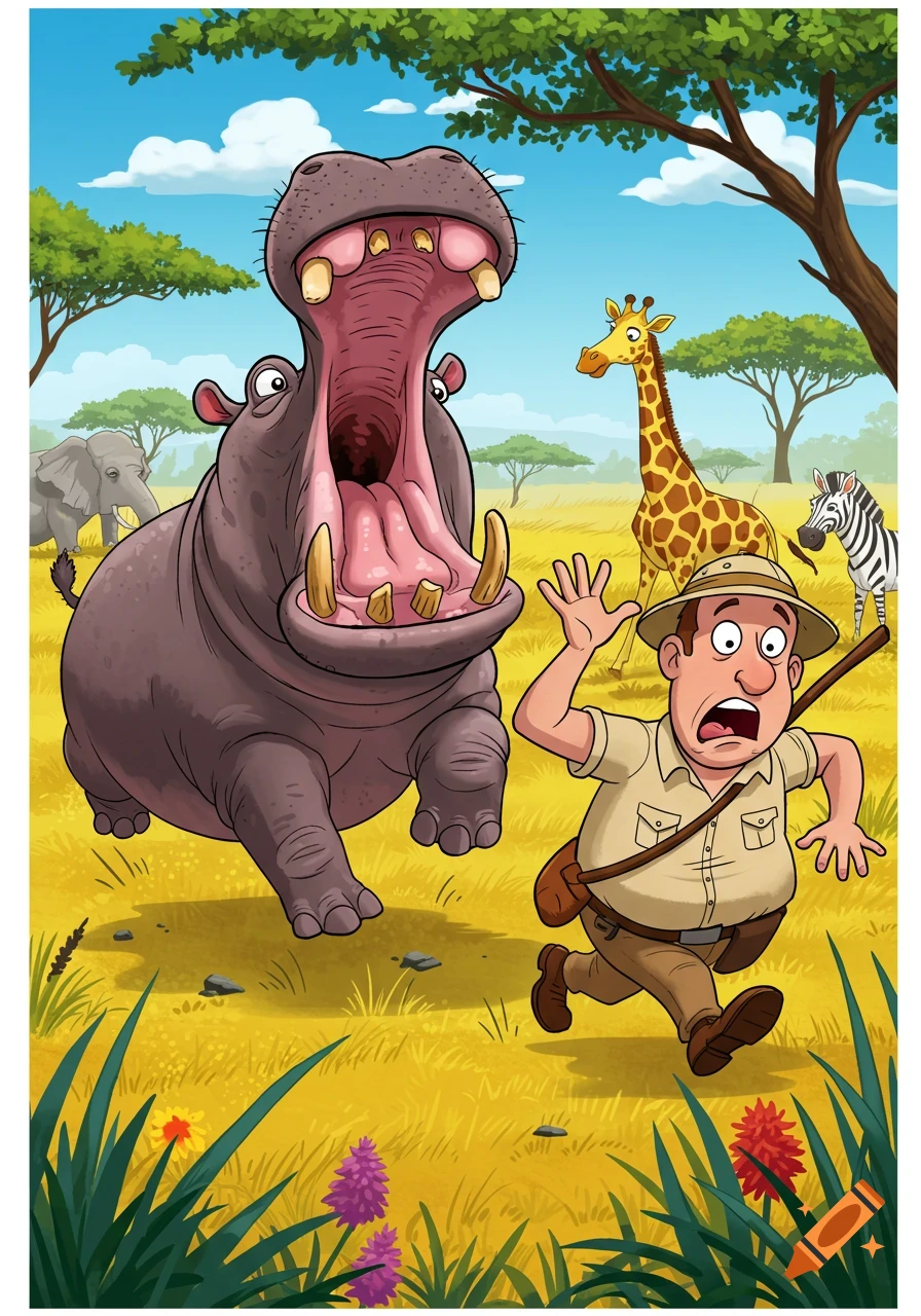Cartoon of a large hippo with open mouth charging a frightened man in a safari landscape with other animals.